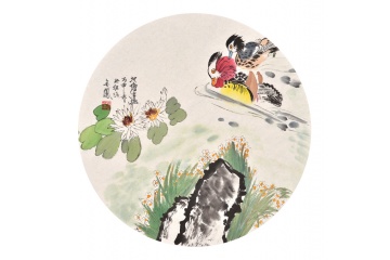 张金凤斗方花鸟画作品《池塘清趣》