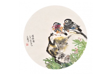 卧室挂画 张金凤斗方花鸟画《佳侣图》