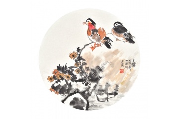 张金凤斗方花鸟画菊花图《金穗》