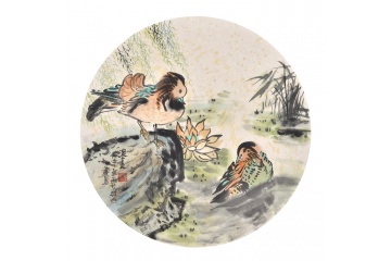 卧室挂画 张金凤斗方花鸟画作品《潭夏》
