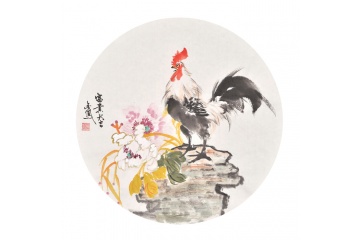 张金凤斗方花鸟画公鸡图《大富大吉》