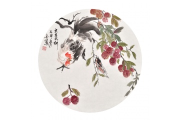 张金凤写意花鸟画荔枝公鸡图《大吉大利》