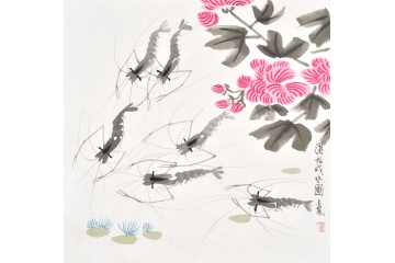 张金凤写意花鸟画虾《潜龙戏水图》