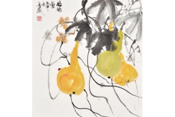 餐厅挂画葫芦图 张金凤斗方花鸟画《福禄图》