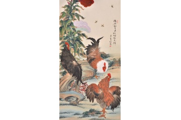 画家羽墨工笔画公鸡图《绣翎翻草去红嘴啄花归》
