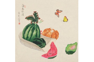 餐厅装饰画 羽墨斗方花鸟画《盘疏味清》