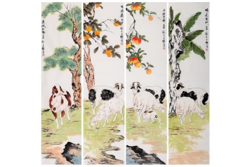 家居经典装饰画 国画家王文强动物画四条屏系列《世世安康》