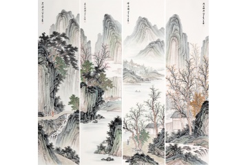 王宁国画创作山水四条屏《茂林幽居》