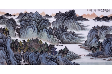 画坛黑马吴大恺四尺横幅山水画作品《云水笼碧树》