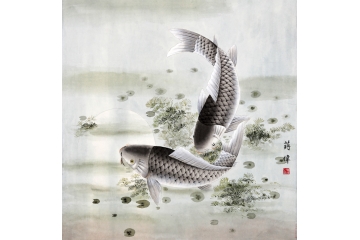 蒋伟斗方写意花鸟画《双鱼图》