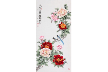 玄关牡丹画 王一容四尺竖幅牡丹图《花开富贵福寿绵长》