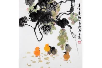 家居挂画 张金凤斗方葡萄图《多子多福》