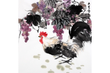 国画公鸡图 张金凤斗方葡萄画《大吉图》