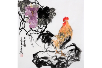 张金凤国画公鸡葡萄画《大吉图》