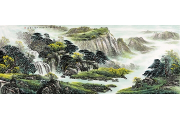 王宁国画六尺横幅青绿山水画《溪山积翠》