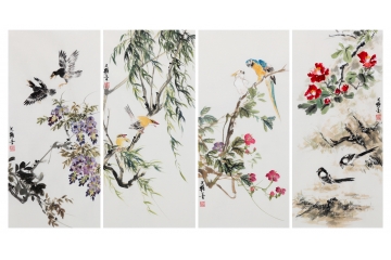 家居挂画 王文强小尺寸写意花鸟画《花鸟四条屏》