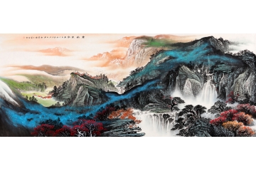 王宁八尺横幅泼墨重彩山水画作品《紫气东来》