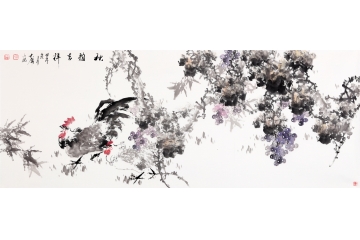 硕果累累葡萄图 薛大庸六尺横幅写意公鸡图《秋韵吉祥》
