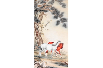 国家一级美术师王建辉四尺竖幅工笔动物画骏马图作品《双骏图》