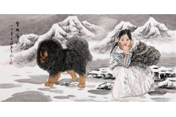 客厅沙发墙装饰画 玉简四尺横幅工笔人物画《雪域雄风》