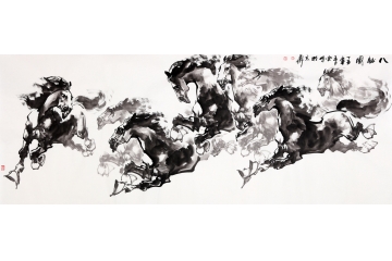 客厅装饰画 办公室挂画 陈云鹏六尺横幅动物画作品《八骏图》