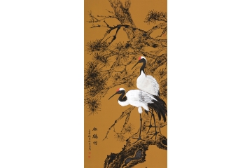许守忠四尺竖副写意花鸟画《松鹤图》