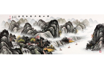 鲁人石开手绘六尺山水画作品《群山镜秀云壑清音》