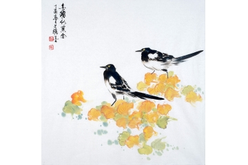 王文强斗方写意花鸟画《金秋似黄金》