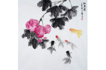 餐厅挂画 王文强写意花鸟画金鱼图《知鱼乐》