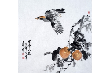 餐厅装饰画 王文强斗方花鸟画柿子图《世事如意》
