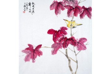 王文强新品写意花鸟画《枫林尽染舞东风》
