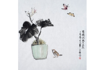 王文强斗方写意花鸟画《家园闲趣亦幽然》