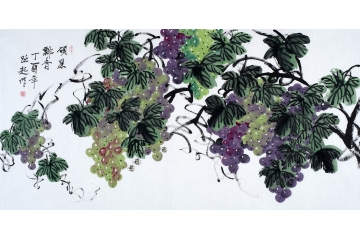 餐厅装饰画 何跃起写意花鸟画葡萄图《硕果飘香》