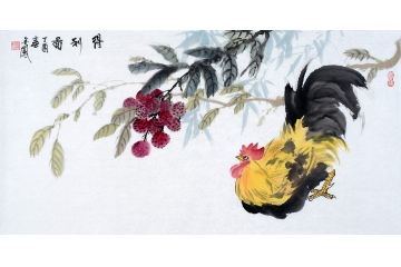 张金凤写意花鸟画公鸡荔枝图《得利图》