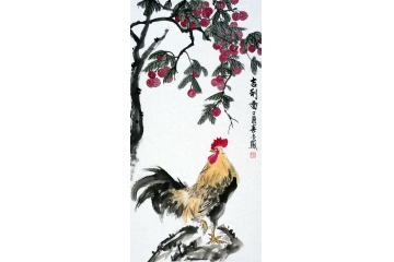 张金凤写意花鸟画荔枝公鸡图《吉利图》