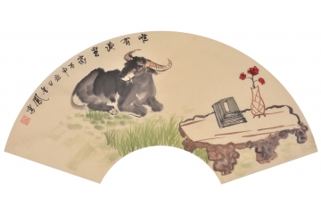 中式客厅书房装饰画 张金凤新作国画扇面动物画 生肖图 牛《唯有读书高》