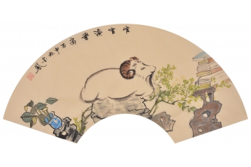 中式家居挂画 张金凤新作扇面动物画 生肖图 羊《惟有读书高》