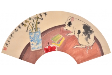 新中式挂画 张金凤新作扇面动物画 生肖图 猪《惟有读书高》