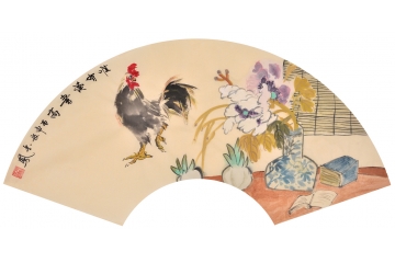 新中式客厅书房挂画 张金凤新作扇面动物画 生肖图 鸡《惟有读书高》