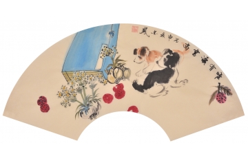 现代简约客厅装饰画 张金凤新作扇面动物画 生肖图 狗《惟有读书高》