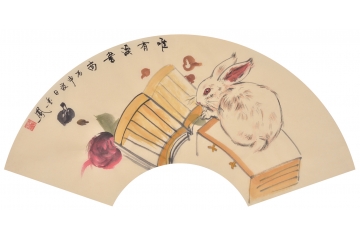 现代简约新中式客厅装饰画 张金凤新作扇面动物画 生肖图 兔《惟有读书高》