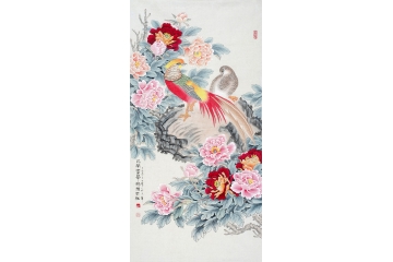 王一容新品牡丹锦鸡图《花开富贵锦绣前程》