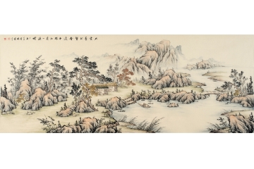 李林宏仿古山水画《只爱菱洲蟹舍边 千林红叶一溪烟》