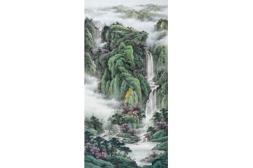 王宁四尺竖幅青绿国画《溪山积翠》