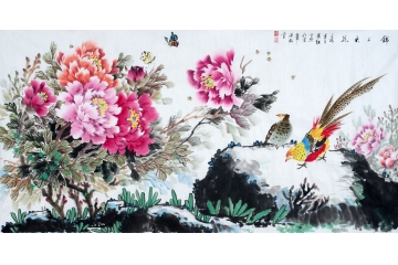 画家萧红最新牡丹锦鸡图《锦上添花》·