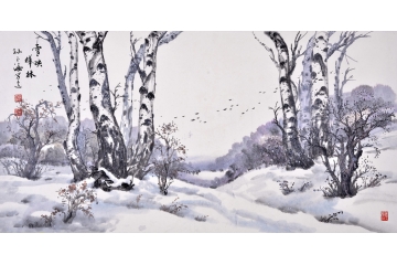 孙玉海四尺横幅雪景山水画作品《雪映桦林》