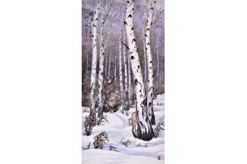 雪景山水画 孙玉海四尺竖幅山水画作品《桦林》