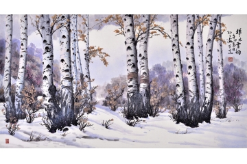 雪景山水画 孙玉海六尺横幅国画山水作品《桦林雪韵》