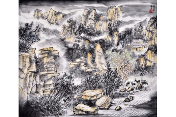 著名山水画家吴大占弟子 牛玉环斗方画作品《山水》