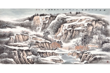 李国胜四尺横幅雪景山水画作品《雪满千山呈祥瑞》